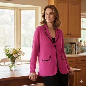 MISOOK Single Button Cardigan Sweater Pink with Black Trim Size Medium